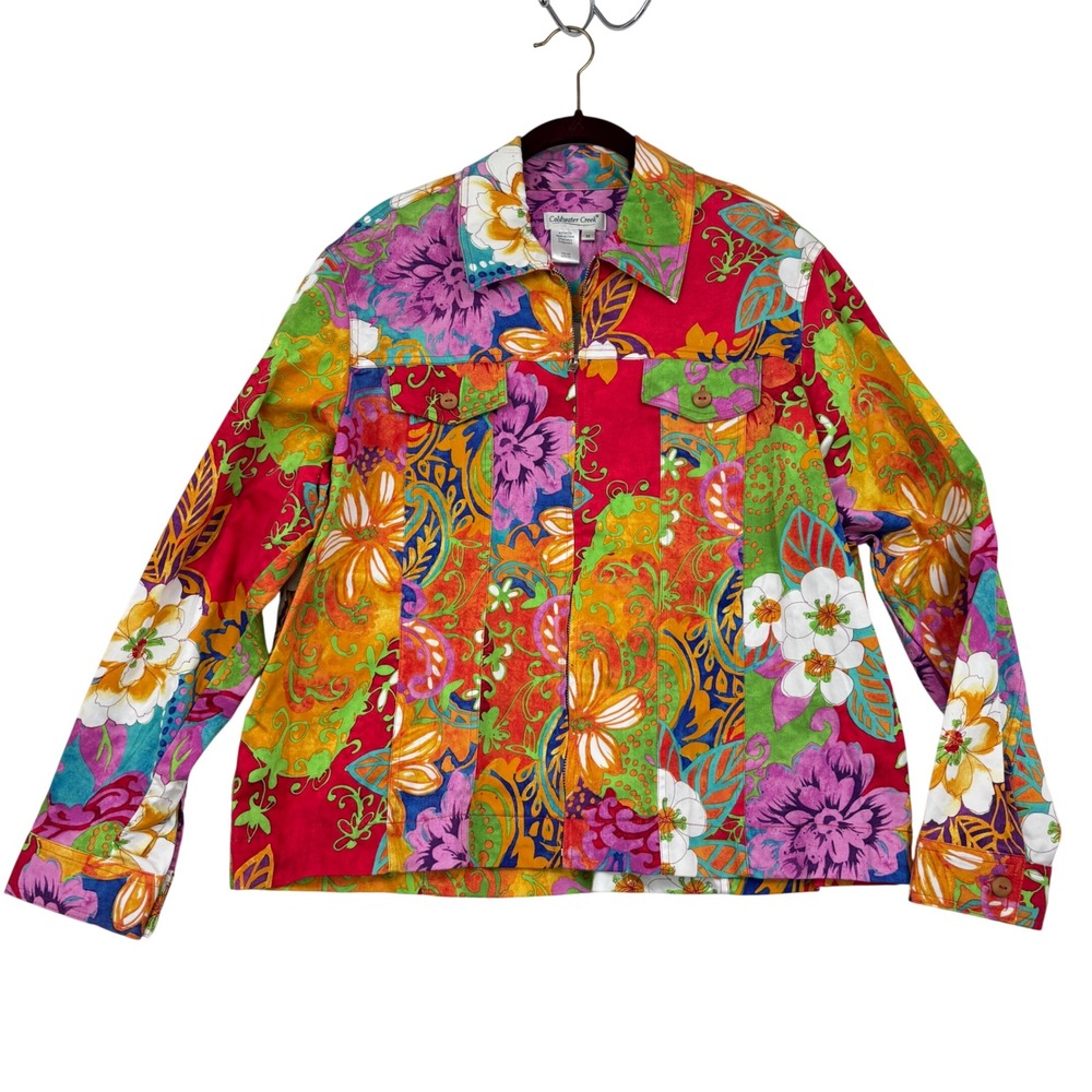 Coldwater Creek Blazer Jacket Women 1X Multi Color Floral Cotton Blend Stretch